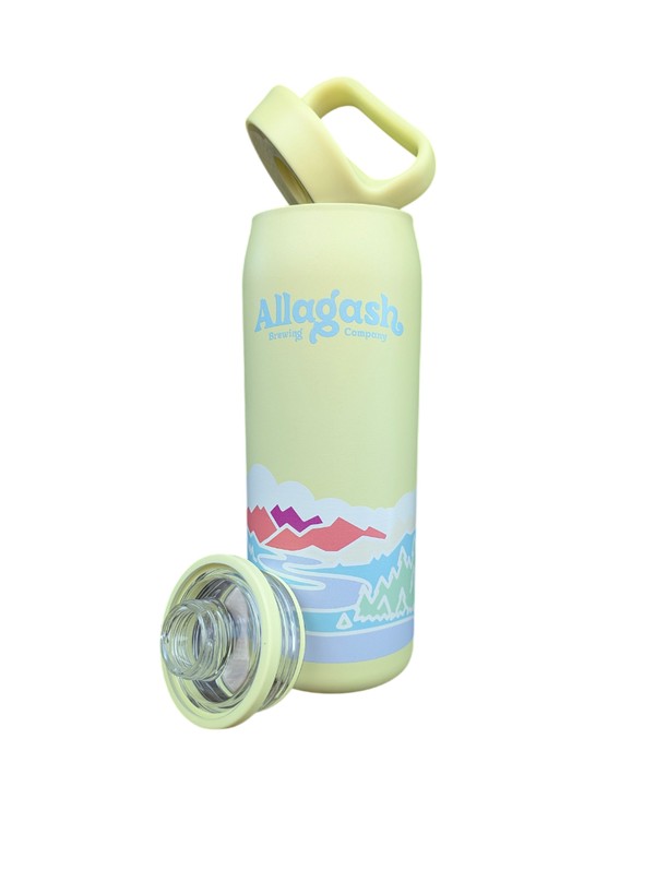 Yellow water bottle with colorful design and 'Allagash' branding on a white background