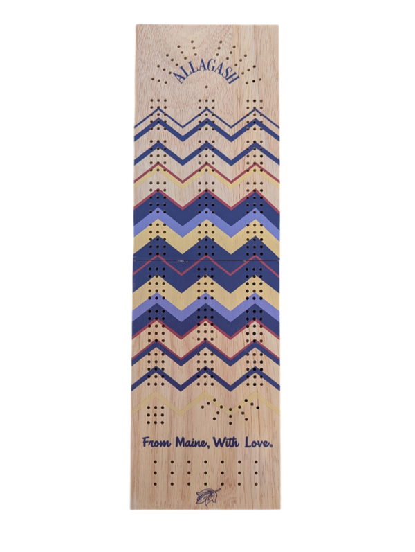 Wooden game board with zigzag pattern and 'Allagash' branding on a white background