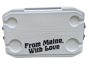 The top of a cooler with black text
