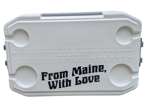 The top of a cooler with black text