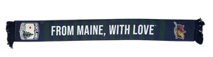 A black soccer scarf with 'FROM MAINE, WITH LOVE' written on it, featuring a small soccer ball and a pine tree logo.