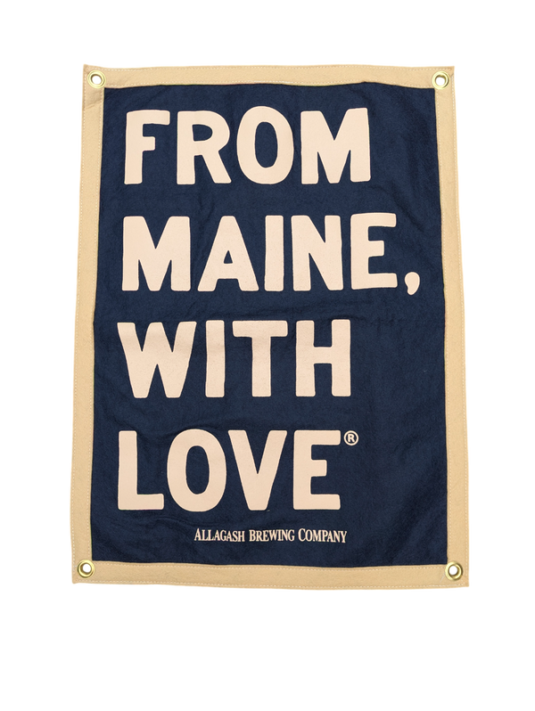 Navy banner with 'From Maine, With Love' text and Allagash Brewing Company logo.