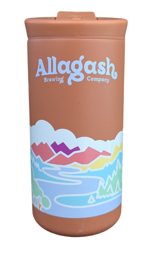 A red travel mug with Colorful Allagash Logo
