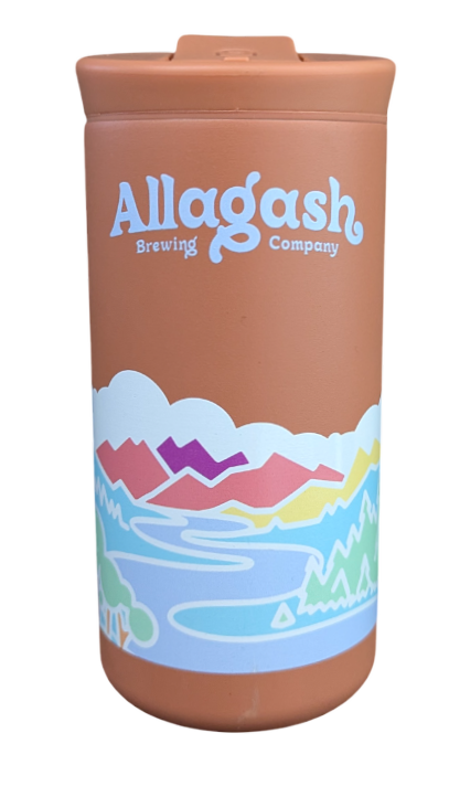 A red travel mug with Colorful Allagash Logo