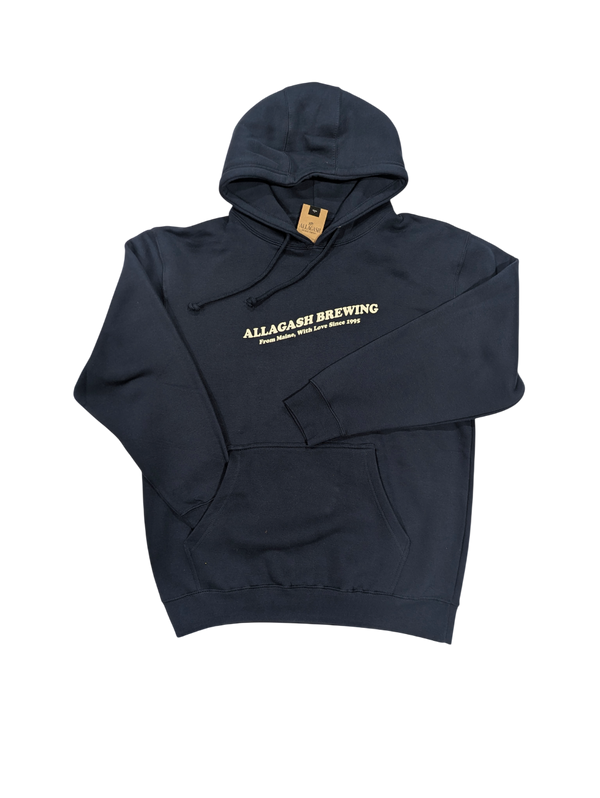 Folded navy blue sweatshirt with 'Allagash Brewing' logo on a white background