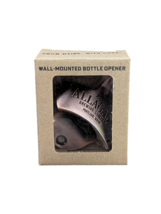 Brass wall-mounted bottle opener with 'Allagash Brewing Company' branding