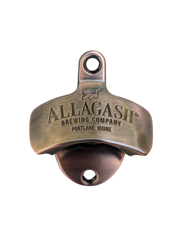 Brass wall-mounted bottle opener with 'Allagash Brewing Company' branding