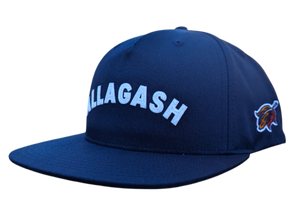 A blue flat-brim snapback cap with the word 'ALLAGASH' embroidered in white on the front and ae leaf logo on the side.