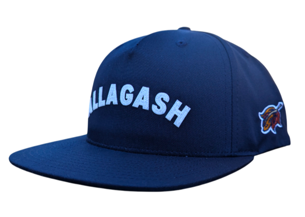 A blue flat-brim snapback cap with the word 'ALLAGASH' embroidered in white on the front and ae leaf logo on the side.