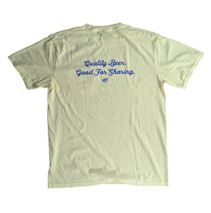 Yellow t-shirt with blue text on a white background