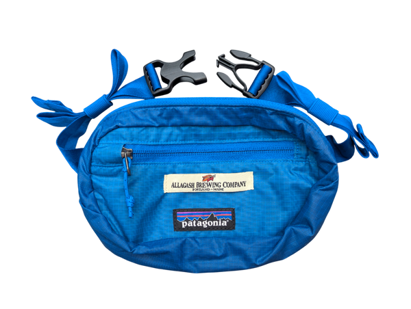 Blue waist bag with Patagonia logo and Allagash Brewing Company patch