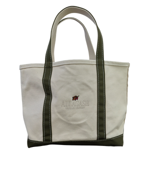 White tote bag with green accents. Leaf logo with white "Allagash Brewing Company" text
