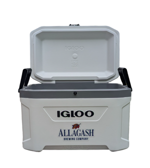 An Igloo marine cooler with the Allagash Brewing Company logo on the front, featuring a gray handle, a white body, and a lid that is partially open.
