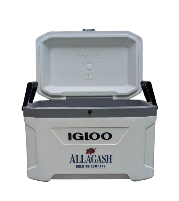 An Igloo marine cooler with the Allagash Brewing Company logo on the front, featuring a gray handle, a white body, and a lid that is partially open.