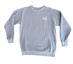 Light blue sweatshirt with a yellow logo featuring a pine tree, soccer ball and an Allagash White bottle