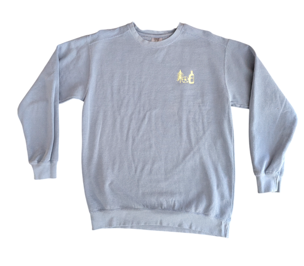Light blue sweatshirt with a yellow logo featuring a pine tree, soccer ball and an Allagash White bottle
