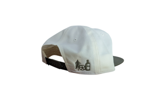 White cap with black logo on a white background