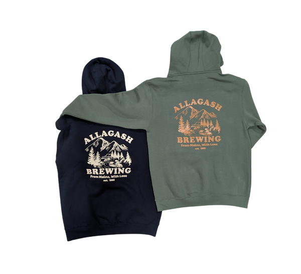 Two hoodies, one blue and one green, with Allagash Brewing logo on a white background.