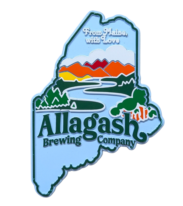 A magnet shaped like the state of Maine with a colorful design and the Allagash Brewing Company logo.
