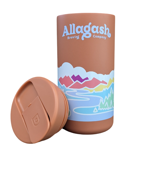 A red travel mug with Colorful Allagash Logo, lid removed