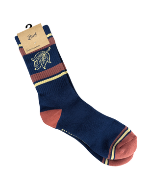 Pair of blue and red socks with leaf designs and "Allagash Brewing Co." text on sole