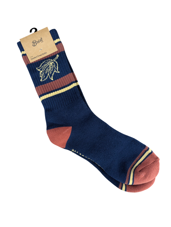 Pair of blue and red socks with leaf designs and "Allagash Brewing Co." text on sole