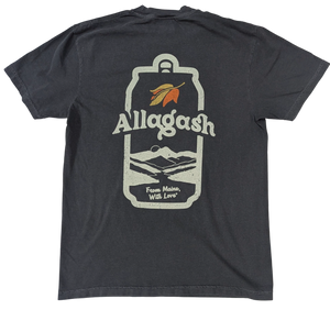 Black t-shirt with a large stylized Allagash beer can logo