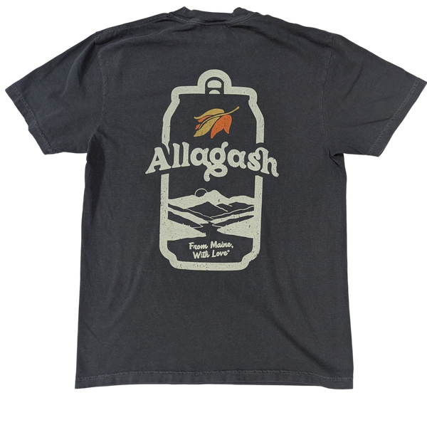 Black t-shirt with a large stylized Allagash beer can logo