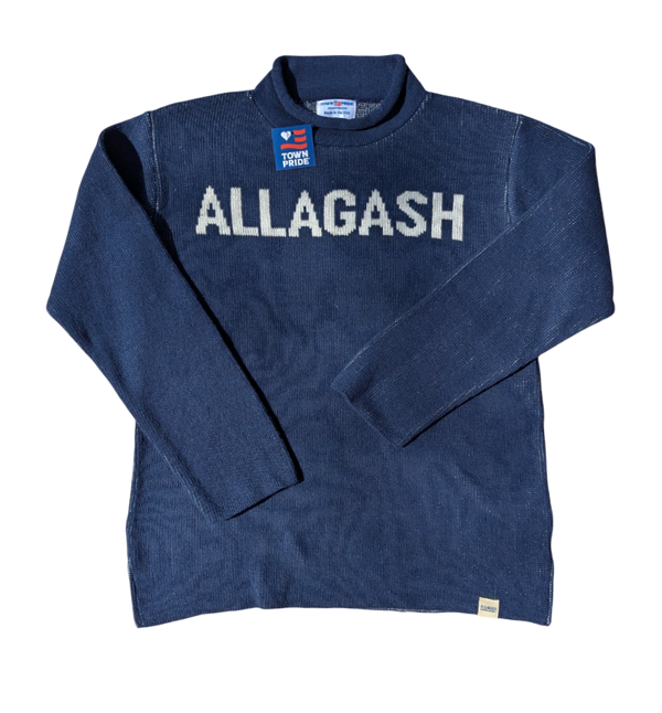 A navy blue rollneck sweater with the text 'ALLAGASH' printed in white on the front.