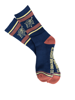 Pair of blue and red socks with leaf designs and "Allagash Brewing Co." text on sole