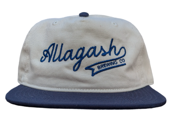 A white Allagash baseball cap with blue text on the front.