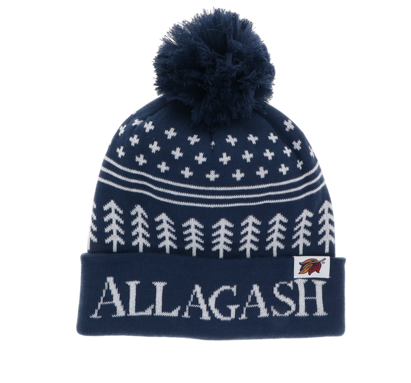 A blue and white winter hat with pom pom and White text reading ALLAGASH