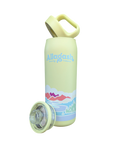 Yellow water bottle with colorful design and 'Allagash' branding on a white background