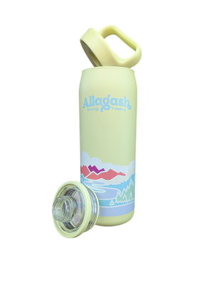 Yellow water bottle with colorful design and 'Allagash' branding on a white background