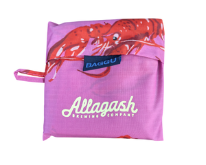 Pink reusable bag with lobster design and Allagash Brewing Company branding on a white background