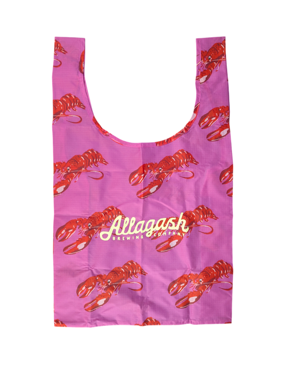 Pink bag with red lobster pattern and 'Allagash' branding on a white background