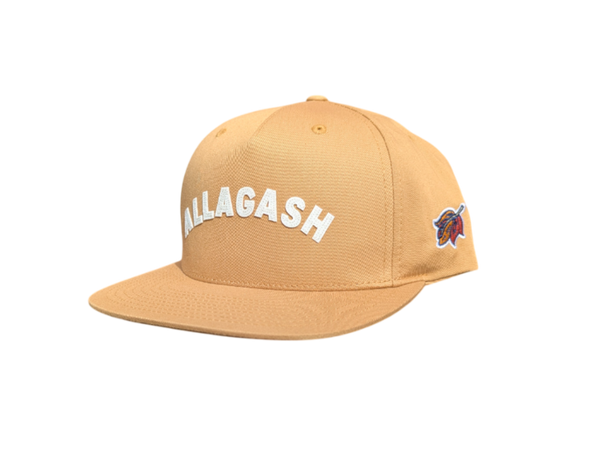 A yellow hat with White text and a colorful leaf on the side. 