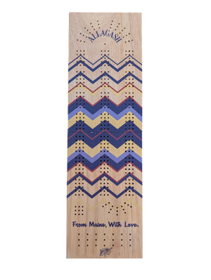 Wooden game board with zigzag pattern and 'Allagash' branding on a white background