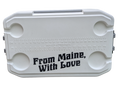 The top of a cooler with black text