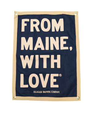Navy banner with 'From Maine, With Love' text and Allagash Brewing Company logo.