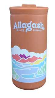A red travel mug with Colorful Allagash Logo