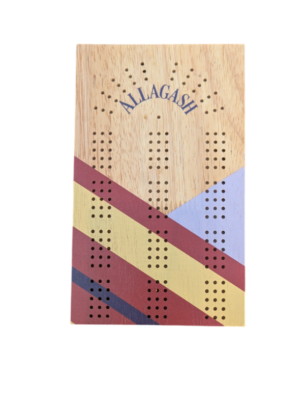 Wooden cribbage board with colorful stripes on a white background