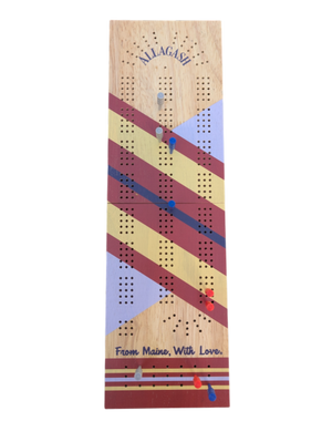 Wooden cribbage board with colorful design and 'Allagash' branding on a white background