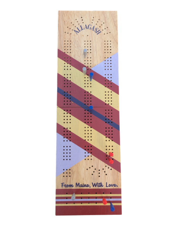 Wooden cribbage board with colorful design and 'Allagash' branding on a white background