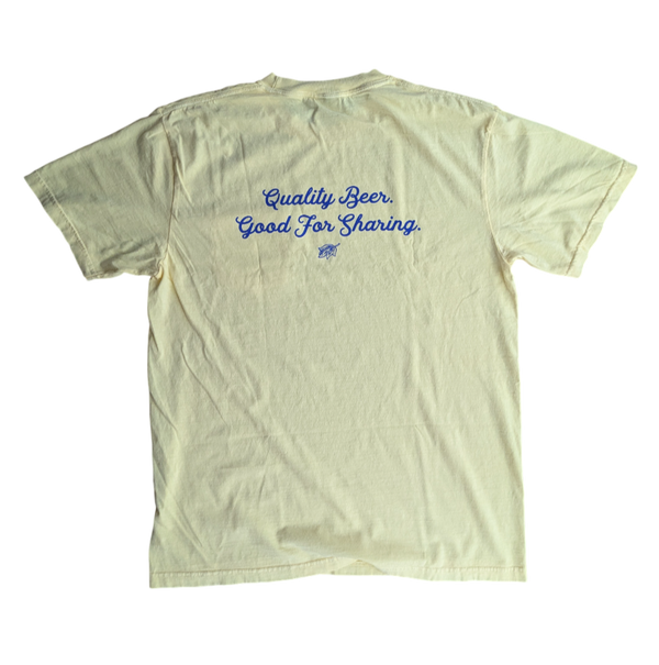 Yellow t-shirt with blue text on a white background
