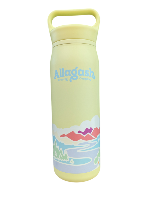 Yellow water bottle with Allagash logo and mountain design on a white background