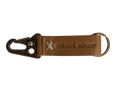 A brown leather keychain with a metal ring and snap hook, featuring an embossed logo that reads 'From Maine With Love'.