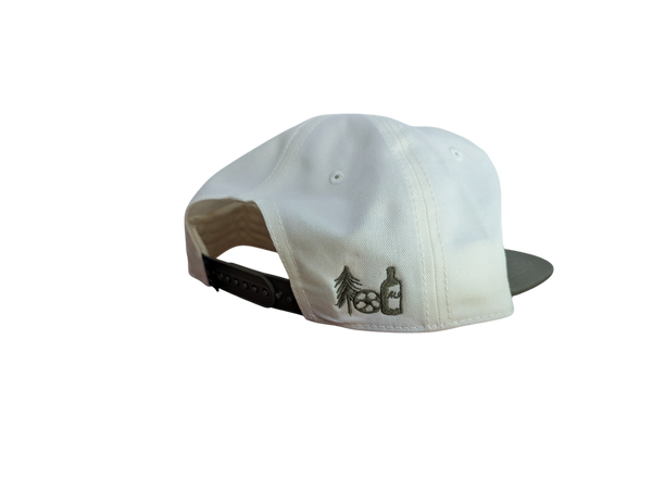 White cap with black logo on a white background