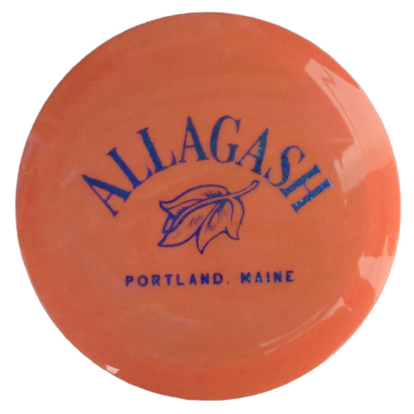 Orange disc with blue text 'Allagash, Portland Maine' and leaf logo.