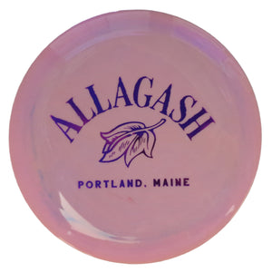 Pink disc with purple text 'Allagash, Portland Maine' and leaf logo.